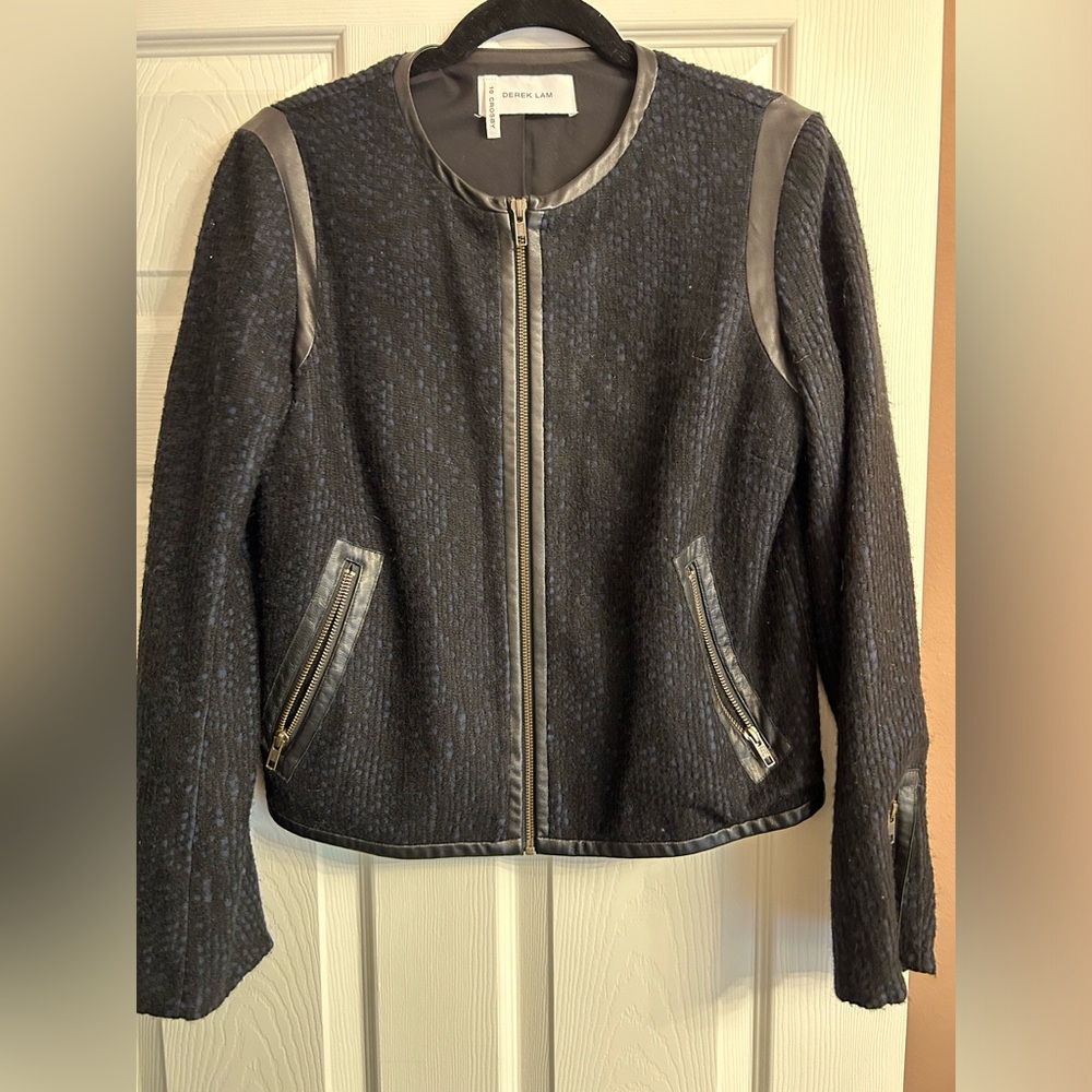 Derek Lam 10 Crosby Black and Navy Zip Lady Jacket with Leather Detail